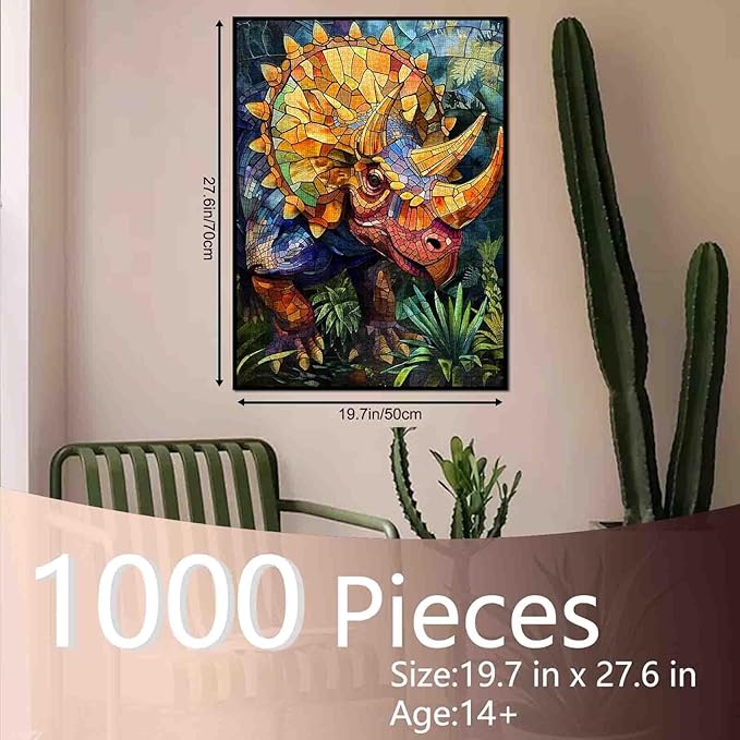 1000 Piece Jigsaw Puzzles for Adults, Stained Glass Dinosaur Jigsaw Puzzles,Colorful Stained Glass Triceratops Puzzle,Challenging Family Activity Perfect for Game Nights,Puzzle as Wall Art Decor
