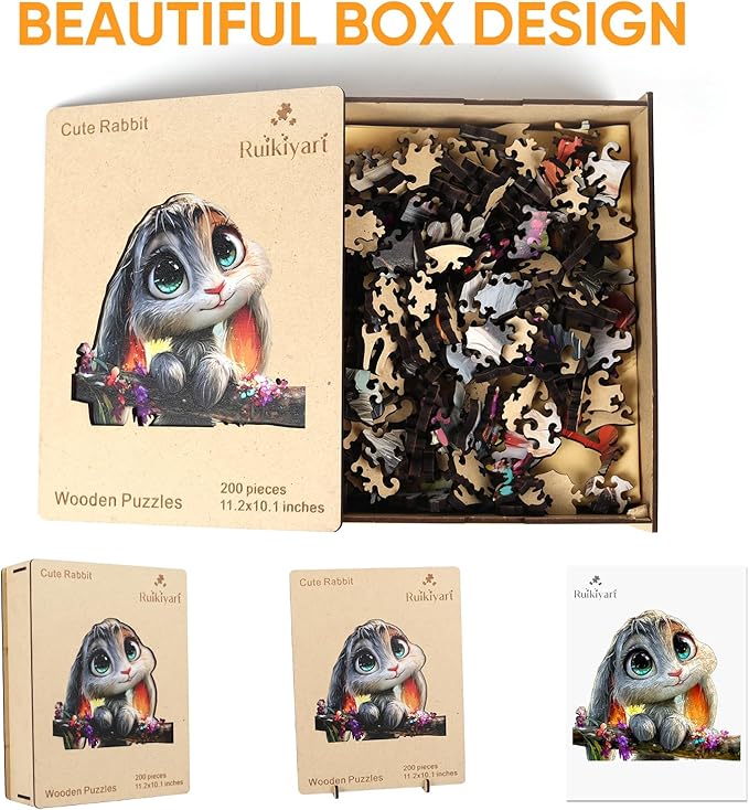 Wooden Puzzles for Adults,200 Pieces Wonderful Bunny Wood Puzzles for Adults and Kids,Unique Shaped Flower Rabbit Wooden Jigsaw Puzzles,Creative Christmas Bunny Gifts,11.2"x10.1"