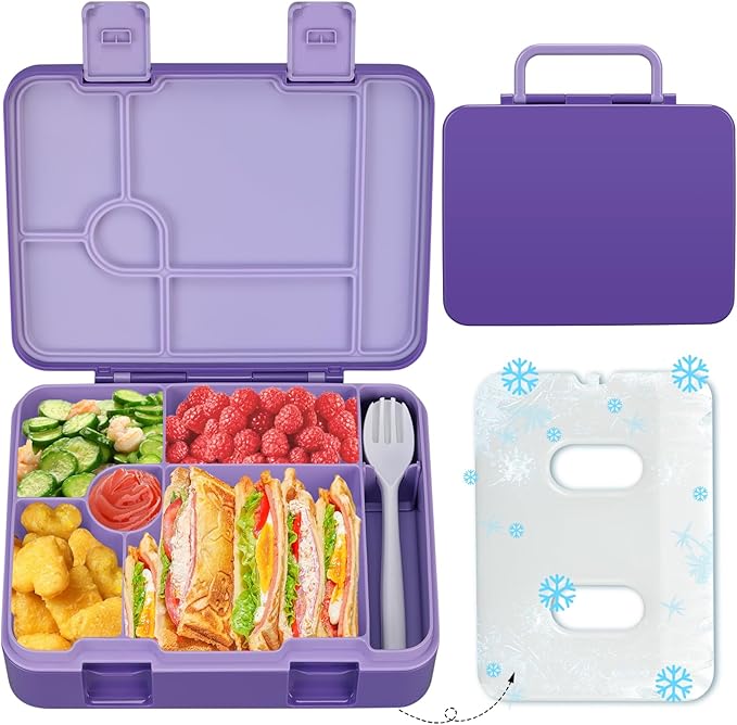 Kids Bento Lunch Box with Ice Pack, 5 Compartments Leak-Proof Bento Box with Utensils, 5.5-Cup Capacity for Adults & Ages 8+, BPA Free, Microwave & Dishwasher Safe, Purple