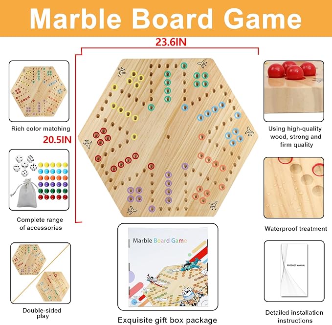 HOROW Wahoo Board Game 23.6 inch Wooden Original Board Game Classic 2 Side Painted Fast Track Game for 4 Player and 6 Player with 30 Marbles,6 Dices for Family Game Night(Extra Large)