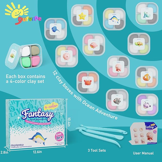 Air Dry Modeling Clay for Kids - Ocean Adventure, 12 Boxes Clay Kit with 4 Tools & Tutorials, Soft DIY Craft Kit for Art Projects, Creative Gift for Boys & Girls Ages 3+