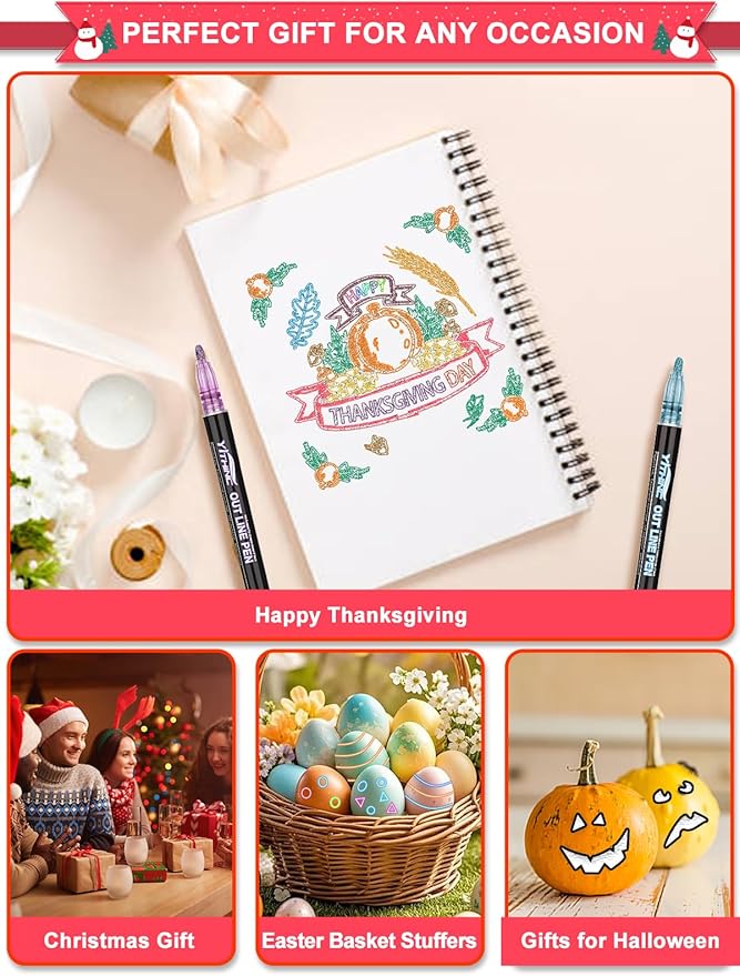 Outline Shimmer Markers, 28 Glitter Metallic Gel Pens for Coloring, Fun Gift for Halloween, Birthday Party Favors, Holiday Stocking Stuffers, Cool DIY Art Crafts Drawing Supplies