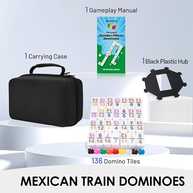 Mexican Train Dominoes Double 15 | 136 Colorful Number Dominos Tiles Travel Board Game for Family Nights, Cognitive Strategy Game for 2-8 Players