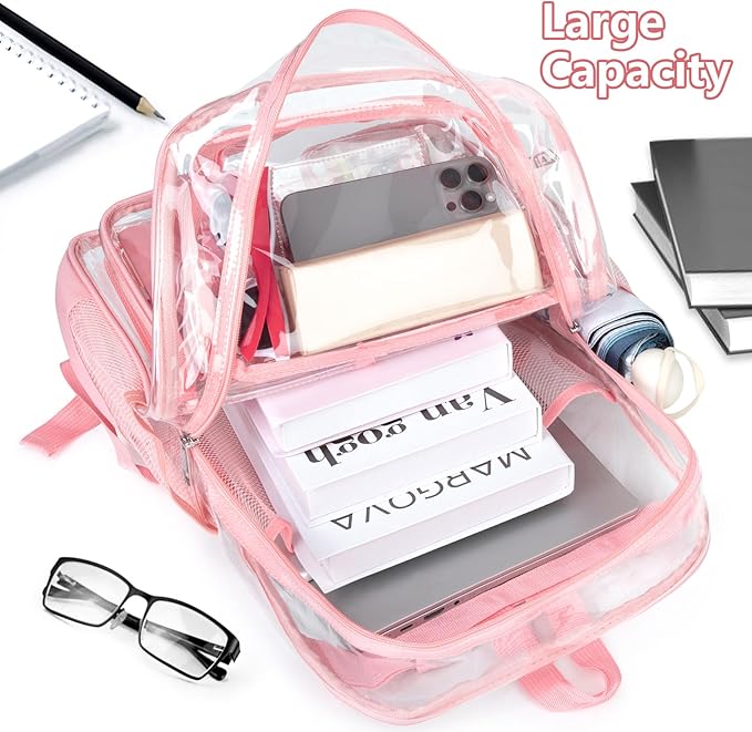 Attmu Pink Clear Backpack, Heavy Duty PVC Clear Bag for Stadium Events, Transparent Backpack with Reinforced Straps & Stitches for Girls Boys, Large Capacity Bookbag for School, Travel, College, Work