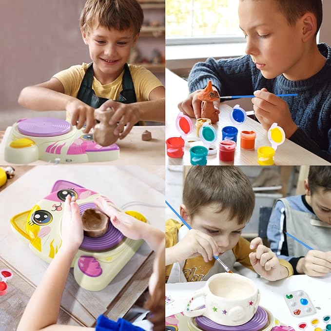 Roaxkois Pottery Wheel for Kids โ Complete DIY Arts & Crafts Painting Kit with Air Dry Clay, Paints, Tools, Apron & Stickers โ Creative Gift for Girls & Boys Ages 6 7 8 9 10 11 12+