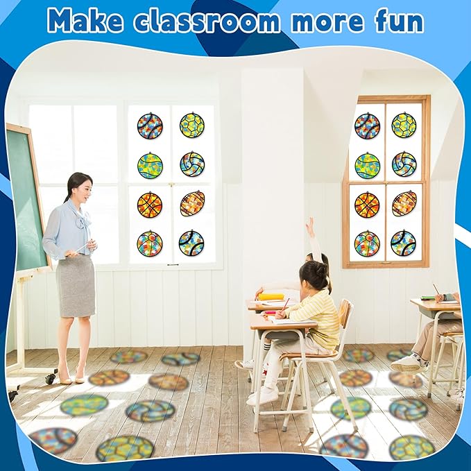 32 Sets Sports Ball Suncatchers Craft Kit DIY Window Stained Glass Effect Football Baseball Basketball Paper Craft Home School Classroom Decoration Kid Birthday Gift Creative Art Project Activity Game