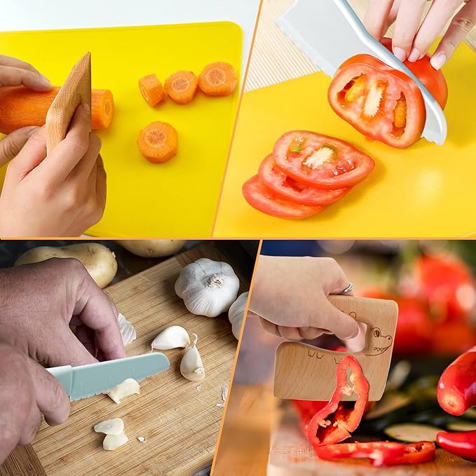 11 Pieces Wooden Kids Kitchen Knife, Blue Kids Knife Set Include Wood Kids Knife, Serrated Edges Plastic Toddler Knife, Crinkle Cutter, Sandwich Cutter, Y Peeler, Cutting Board