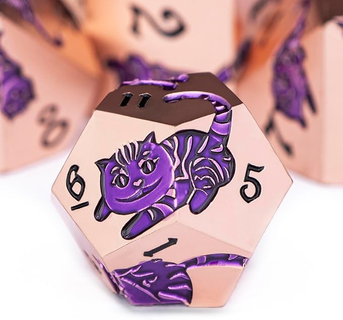 Metal DND Cat Dice 7PCS Polyhedral RPG Dice Set with Gift Case for Dungeons Dragons Role Playing Game, D and D Dice D6 D8 D10 D12 D20 D% (Copper Purple)