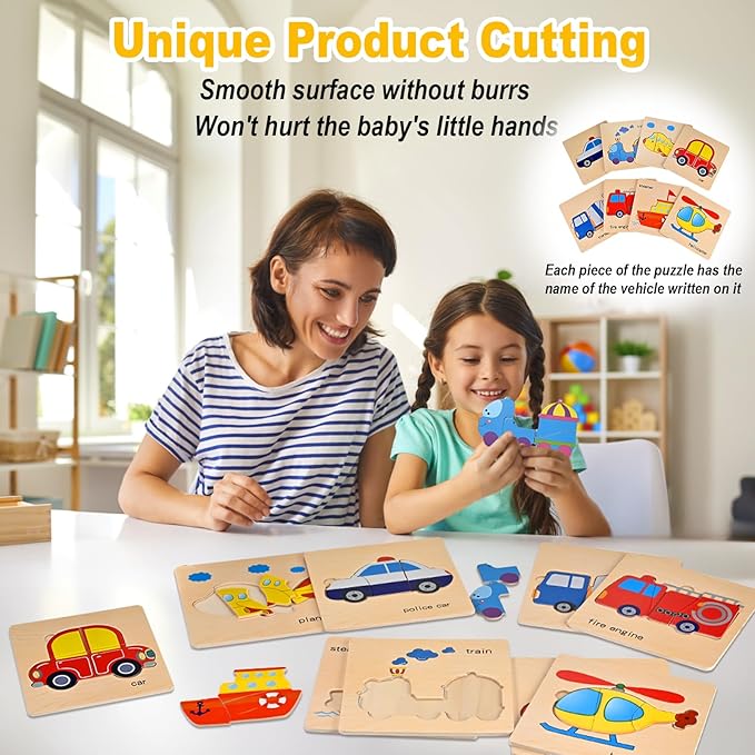 Wooden Puzzles for Toddlers 1-3, Toddler Puzzles Ages 2-4, Montessori Toys for 1-3+ Year Old Learning Educational Preschool Toys for Boys Girls (Vehicle Theme)