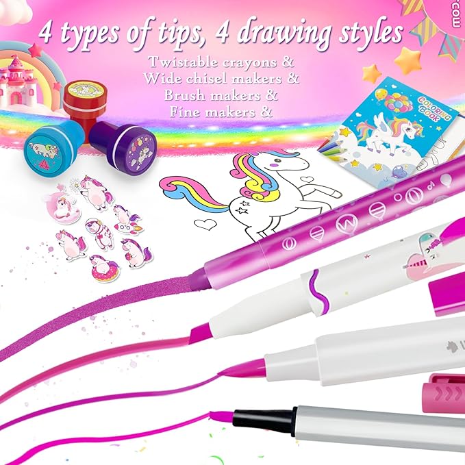 weirtoya 56 PCS Washable Scented Markers Set with Glitter Pencil Case, Mermaid Unicorn Arts and Crafts for kids 4-6-8 Kids Coloring Drawing Kits for 4-8 Years Old Girls Birthday Gifts