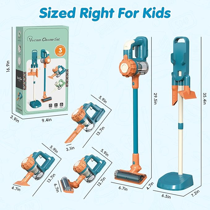 3-in-1 Kids Vacuum That Really Works – Working Toddler Vacuum Cleaner with Real Suction, Montessori Pretend Play Cleaning Toy Gift Set for Boys and Girls Ages 3+