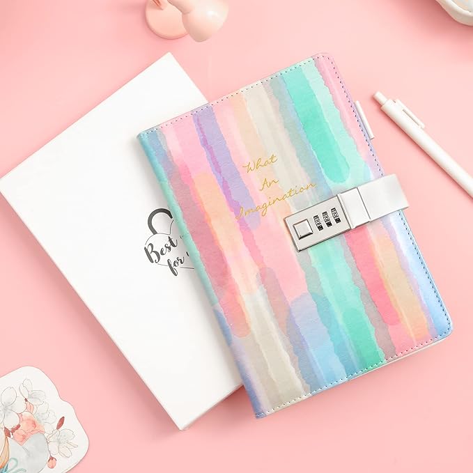CAGIE Diary with Lock for Girls Age 8 9 10 11 12, Hardcover Rainbow Journal with Lock for Teens Girl Birthday Valentines Day Gifts, 5.7 x 8.5 Inch Kids Journal with Pen 192 Pages journaing Notebook