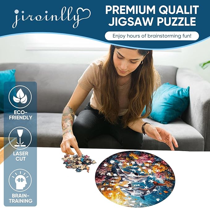 Wooden Puzzles for Adults, Dolphin Wooden Jigsaw Puzzles 200 Pieces,11.2 in Unique Shape Ocean Puzzle, Irregular Puzzle Creative for Adults and Kids Family Games
