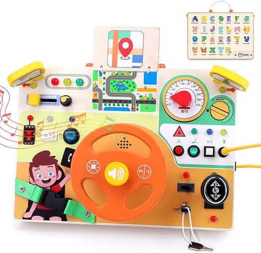 Toddler Toys Montessori Busy Board for 1+ Year Old Boys & Girls Steering Wheel Driving Simulation Toy Travel Activities for Toddlers 1 2 3 4+ Year Old Sensory Toys
