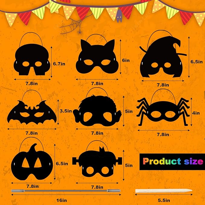Natonhi 32Pcs Halloween Crafts for Kids Rainbow Scratch Mask, Halloween Games Scratch Art and Craft Kit Classroom Activities Favors Party Supplies