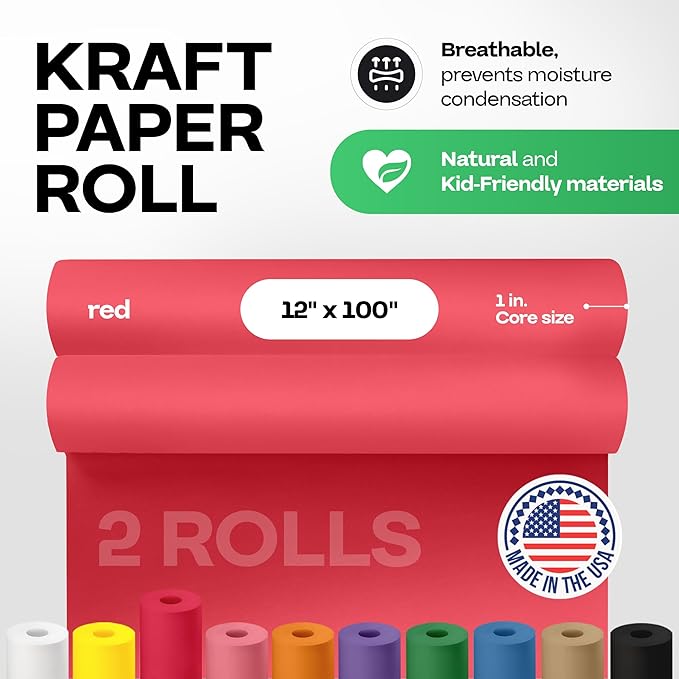 12" x 1200" (100 ft) Red Kraft Paper Roll, Pack of 2 - USA-Made Quality Craft Paper for Gift Wrapping, Kids' Arts & Crafts, School Projects - 100% Recycled, 50 lb Natural Material by IDL Packaging