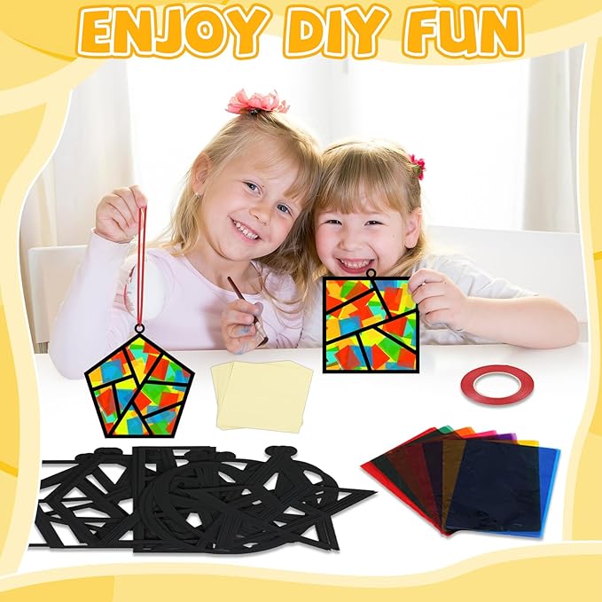 32 Sets Back to School Geometric Recognition Suncatchers Craft DIY Window Stained Glass Effect Star Paper Crafts Home School Classroom Decor Kid Birthday Gift Creative Art Project Activity Game