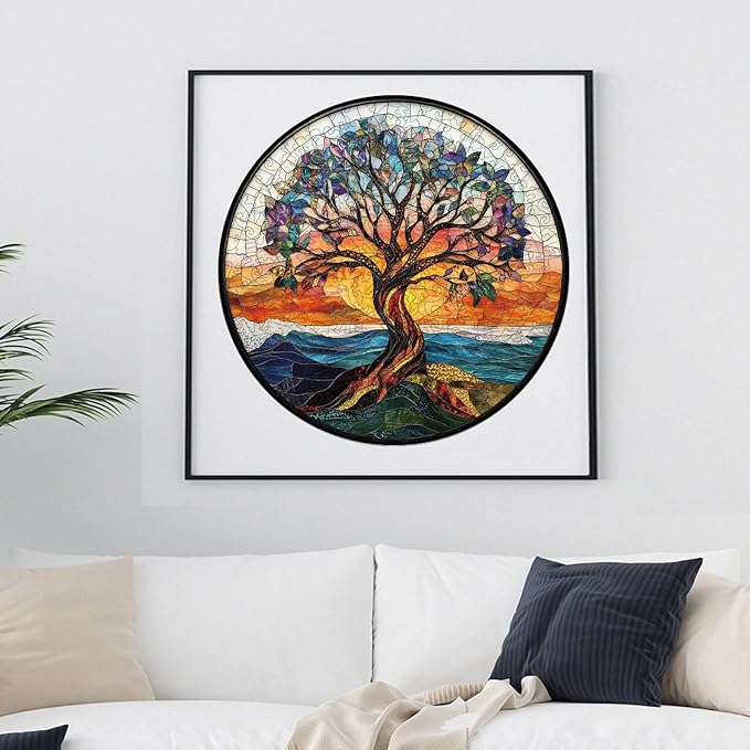 Wooden Puzzles for Adults, Stained Glass Puzzles Tree of Life 200 Piece,5MM Thickness, Tree Jigsaw Puzzles, Irregular Wood Creative for Adults and Kids Family Games