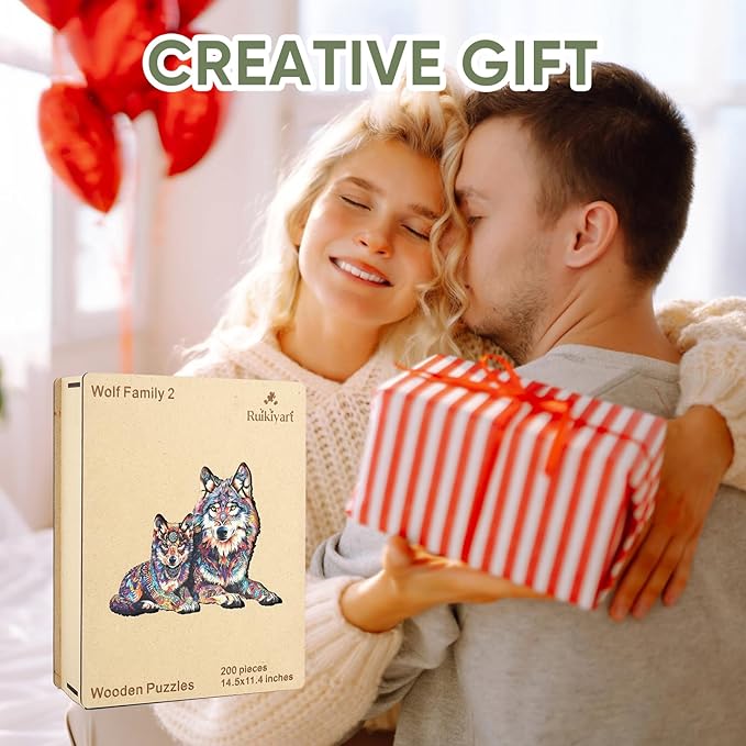 Ruikiyart Wooden Puzzles for Adults, 5MM 200 Pieces Wolf Family Wooden Jigsaw Puzzles, Animal Unique Shaped Puzzle Gifts for Adults and Kids on Thanksgiving, Family Puzzle Games (14.5"*11.4")