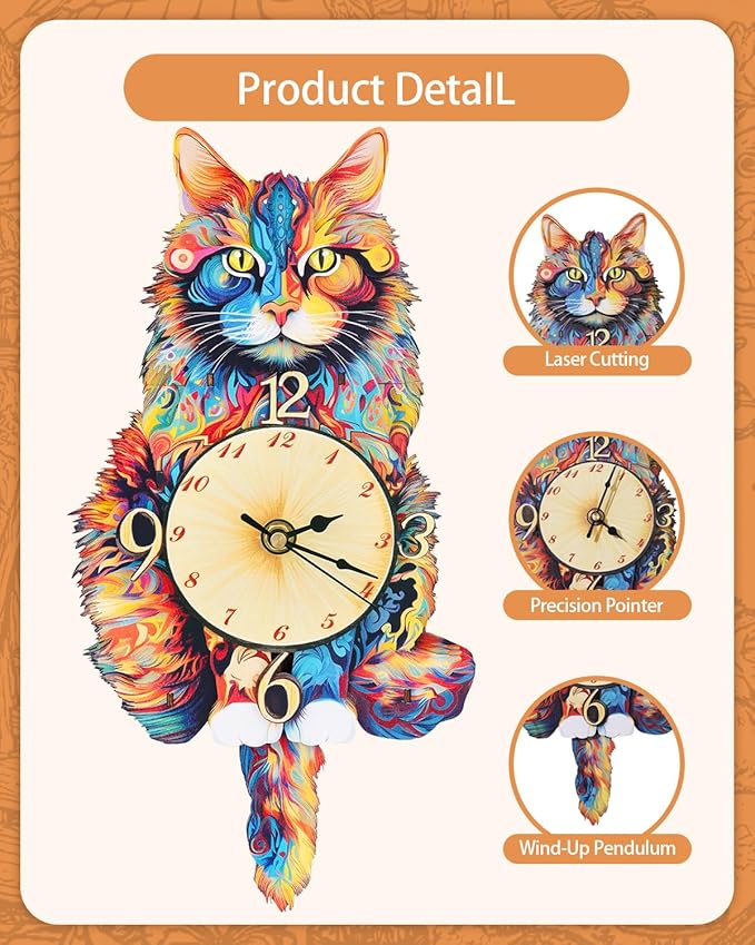 3D Wooden Puzzles for Adults, Maine Coon Cat Clock DIY Kit, Beginner 22 Pcs Wooden Puzzles, Creative Gift Ideas for Adults Teens