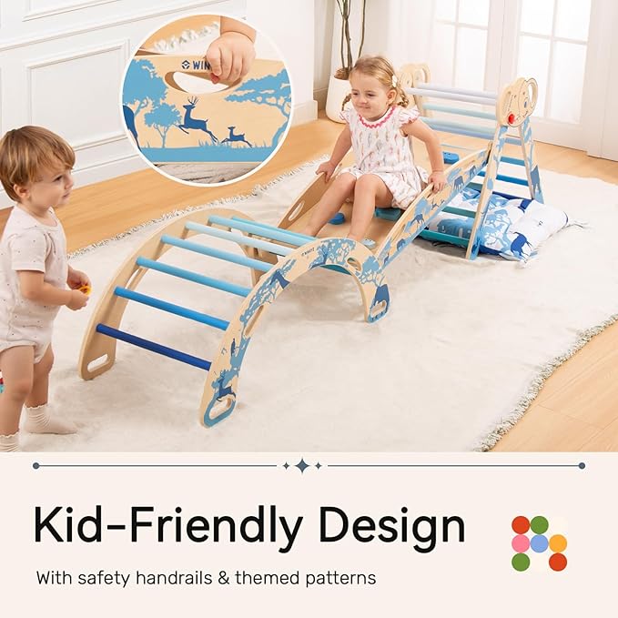 wingyz 8-in-1 Pikler Triangle Set-Wooden Baby Climbing Toys with Cushion,Arch, Ramp & Ladder | Montessori Toddler Climber Indoor Jungle Gym for Kids (Blue)