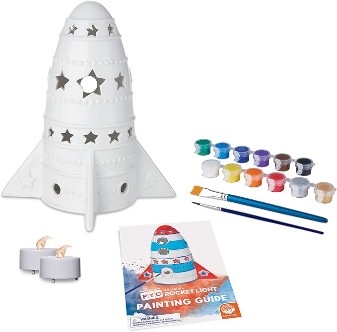 MindWare Paint Your Own Porcelain: Rocket Light with 2 Tea Lights, 12 Paints & 2 Brushes - Creative paintable Pottery Crafts & Gift Kits for Kids