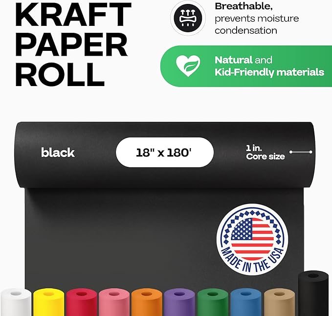 Black Kraft Paper Roll 18" x 2160" (180 feet) - USA-Made Craft Paper for School & Art - Quality High-Density Material for Gift Wrapping & Packing, Shipping & Moving by IDL Packaging
