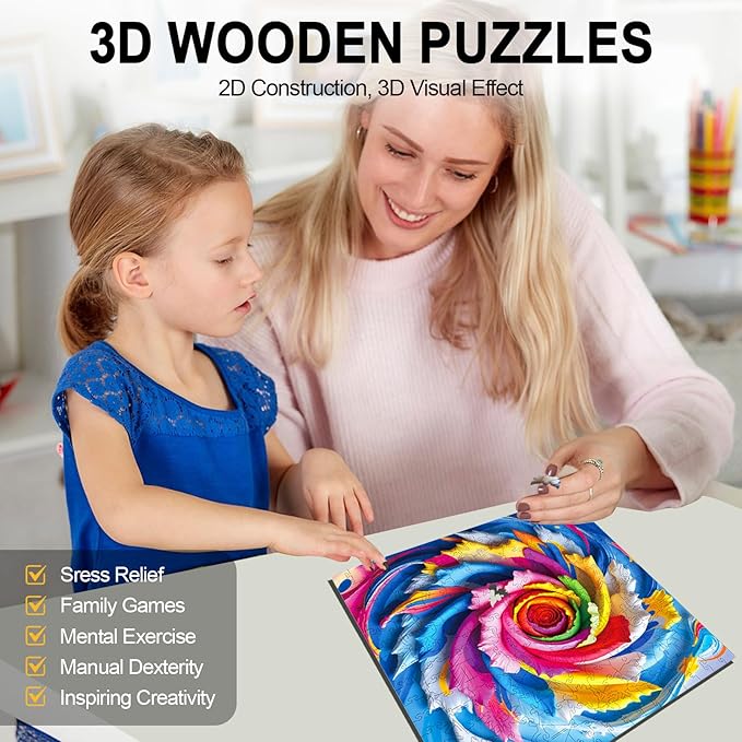 Wooden Puzzles for Adults 200 Pieces, Rainbow Swirl Rose Wooden Jigsaw Puzzles, Stress Relief Puzzle Gifts, Unique Shaped Brain Teaser, Wall Art Home Decor, Challenging Family Games 11.2"x11.2"