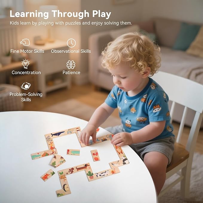 Wooden Puzzles for Toddlers Toddler Puzzles – Montessori Animal Toy Puzzle for Toddlers 3-5 Year Old – Wood Toy Learning Realistic Animals for Boy and Girl(Domino Shape)