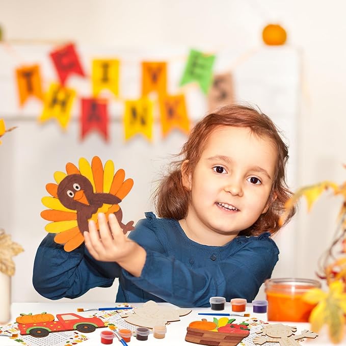 Fall Thanksgiving Crafts for Kids - 24 PCS DIY Wood Magnet Painting Kit with Cards - Thanksgiving Classroom Activities, Autumn Holiday Decorations, Fall Goodie Bag Favors for Boys & Girls