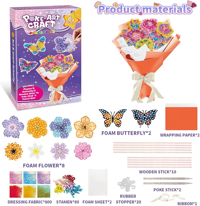 Britik Arts and Crafts for Kids Ages 8-12: Poke in Fun Art Kits for Girls, Poke Art Flower Bouquet Craft Kit, Fabric Arts for Kids DIY Flower Bouquet Kit Birthday Gift for Girls 8 9 10 11 12, Orange