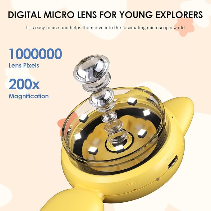 Kids Microscope 100X Magnification, STEM Handheld Digital Science Kit, Portable Educational Toy for Ages 3-16, Birthday for Boys & Girls Yellow