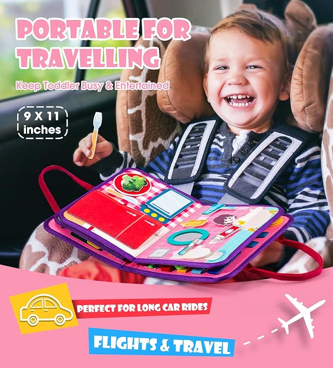 Guolely Busy Board Montessori Toys for 1-4 Year Old Girl Gift - 10 in 1 Sensory Learning Activities with Role-Play,Life Skill, Alphabet, Shape, Clock, Weather - Toddler Travel Toys for Airplane Car
