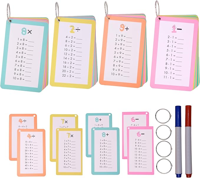 Math Flash Cards for Kids (Grades 1-3) | Addition, Subtraction, Multiplication & Division | 4-Pack Set with Rings & Markers | Educational Fun & Learning Game