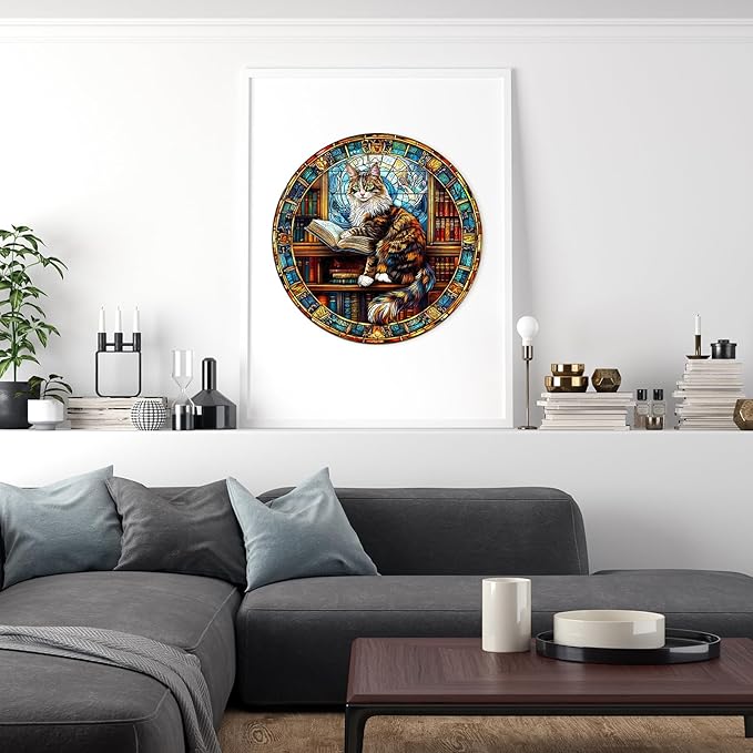 Wooden Puzzles for Adults, Wooden Jigsaw Puzzles for Adults Kids, The Maine Cat Library Unique Shaped Wood Puzzles Adult, Creative Birthday Gifts for Friends Family Game (13.4 * 13.4in 300pcs)