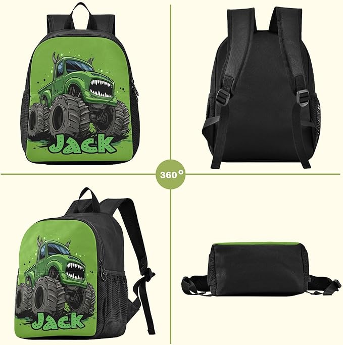 Monster Truck Green Toddler Backpack for Boys Girls 3-6 Bookbag for Preschool Small Kindergarten Elementary Backpackss for Kids for School