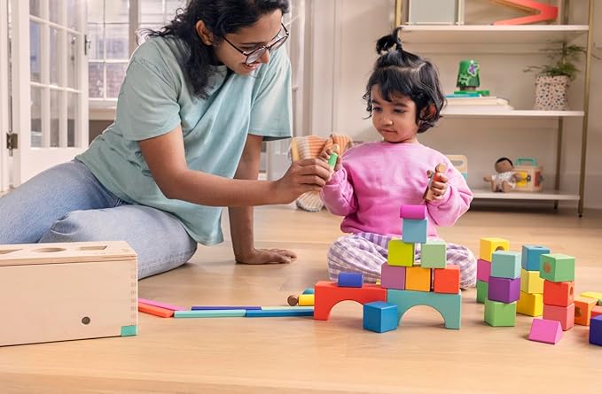 LOVEVERY | The Block Set | Solid Wood Building Blocks and Shapes + Wooden Storage Box, 70 Pieces, 18 Colors, 20+ Activities, Toddler Block Set and Converts into a Pull Car, Ages 12 to 48+ months