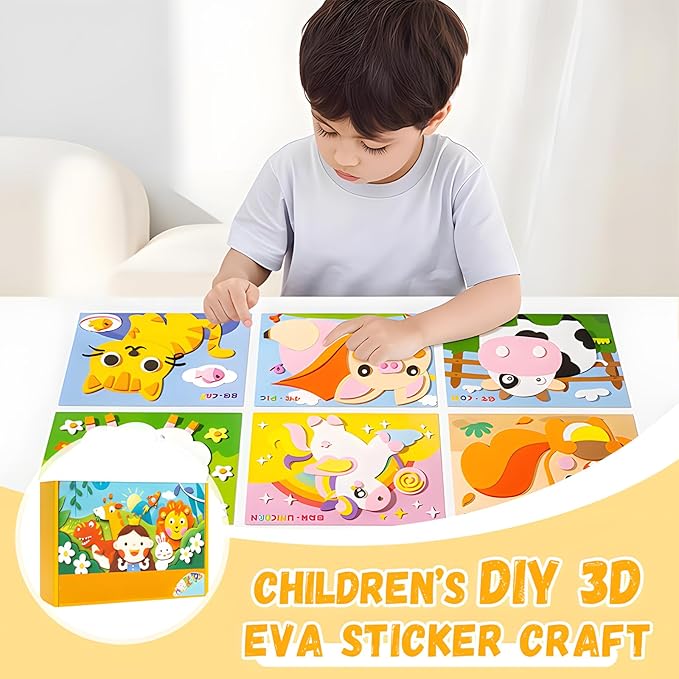 3D EVA Sticker Craft, 12pcs/Set Sticker Puzzle Pleasure DIY Cartoon Animal Learning Education Program for Toddler Kids Art Craft Kits (Set of 4)