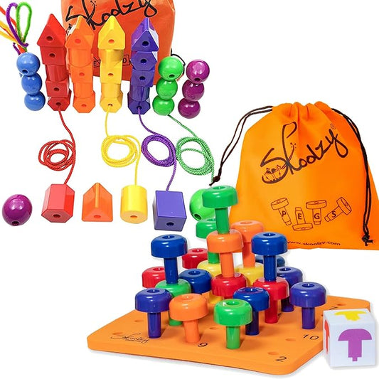 Skoolzy Rainbow Lacing Beads & Pegs - 71 Piece Color Recognition and Sorting Toys Montessori Sensory Bundle for Toddlers Over 36+ Months & Hands On Occupational Therapy Fine Motor Skills Games