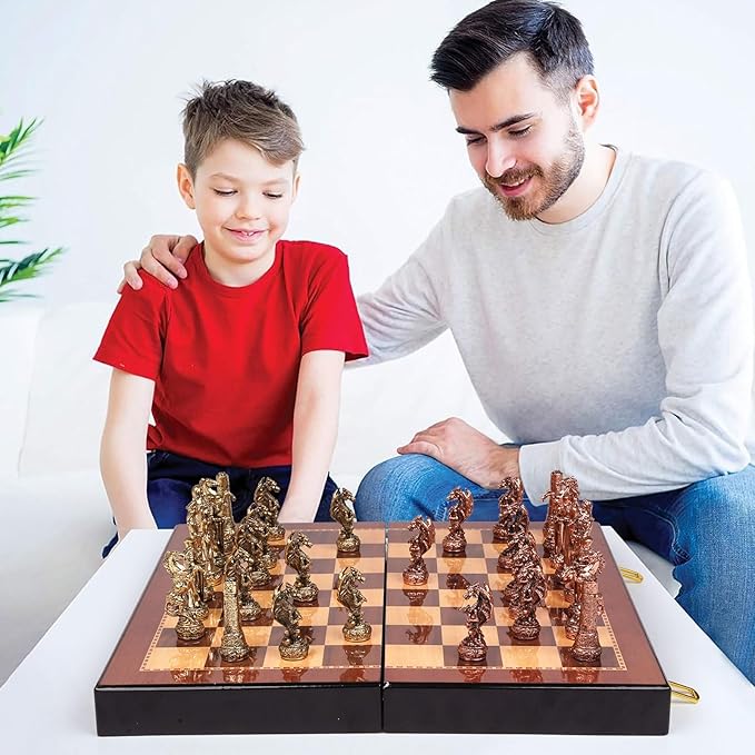 Vintage Figurine Chess Set for Adults and Kids - Wooden Board With Metal Pieces - Travel Chess Set - Collectible Elegant Game - Family Vintage Board Game