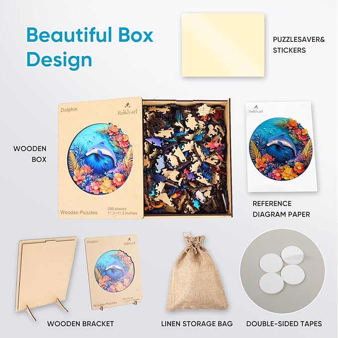 Ruikiyart Wooden Puzzles for Adults, 5MM 200 Pieces Dolphin Wooden Jigsaw Puzzles, Sea Animal Unique Shaped Puzzle Gifts for Adults and Kids on Thanksgiving, Family Puzzle Games(11.2"*11.2")