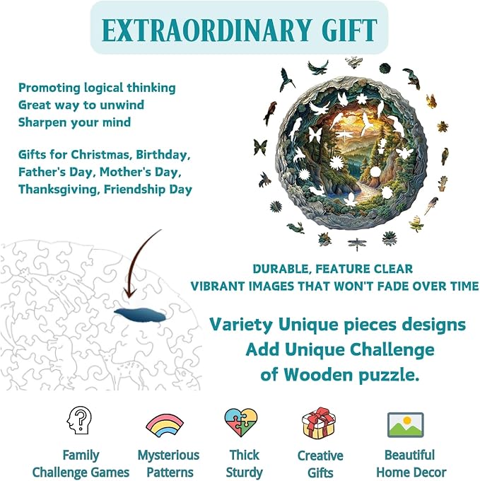 Wooden Puzzles, 3D Cave Forest Puzzle 100 Pieces, Unique Animal Shaped Wood Challenging Jigsaw Puzzles Gifts for Adults, 8.5x8.5in