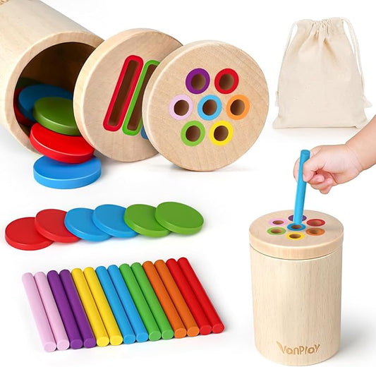 Vanplay Montessori Toys for 2 Year Old - Wooden Learning Color Sorting Toys for Toddlers, Fine Motor Developmental Infants Sensory Matching Games 18 Month Old Baby Boys Girls Gifts