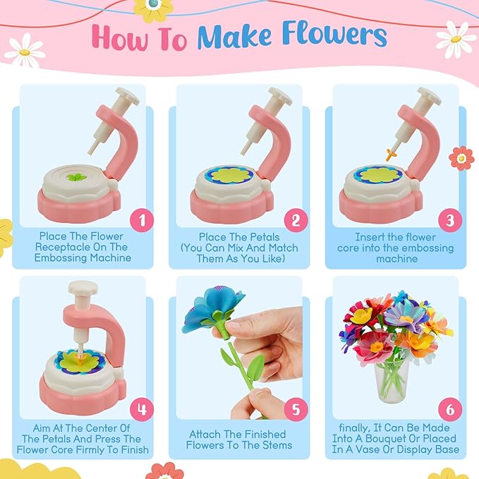 Broytain Fabric Flower Bouquets Toys, DIY Flower Bouquet Craft Kit for Kids, Arts & Crafts Educational Toys for Girls Ages 4–8, Preschool Learning & Birthday Activities