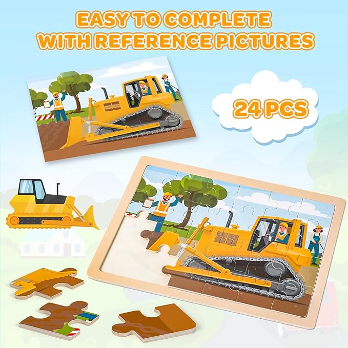 Puzzles for Kids Ages 4-6, 4 Packs 24 Pcs Wooden Jigsaw Puzzles for Toddlers Ages 2-4, Preschool Educational Vehicle Puzzle Toys Gifts for 3 4 5 6 Boys Girls