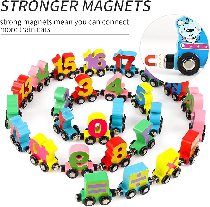 Wondertoys 27 PCS Wooden Magnetic Number Train Set Toy Compatible with Major Brands Train Set Tracks