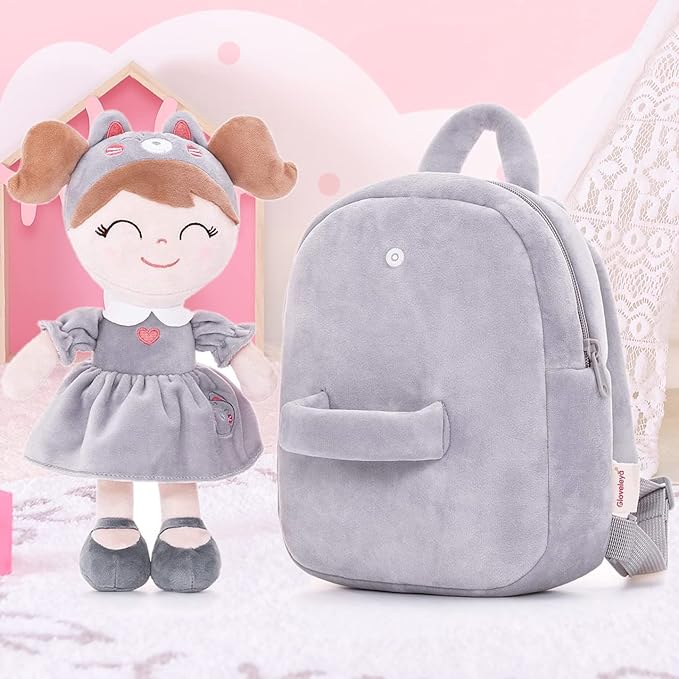 Gloveleya Back to School Gifts for Girls Cat Backpack Toddler Backpack Soft Plush Backpacks with Plush Doll Gray
