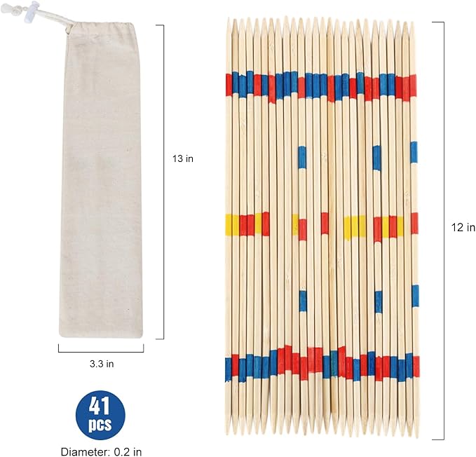Bamboo Pick Up Sticks Game with 1 Cloth Bag, 41PCS 12 Inch Long, Fun Family Board Game for Adults and Kids