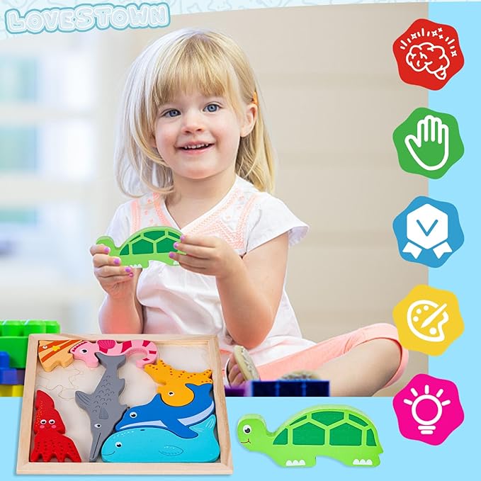 LovesTown Wooden Sea Animal Stacking Puzzles, Chunky Montessori Jigsaw Toys for Kids, Educational Preschool Learning Toys, Toddler Birthday Gifts, 12 PCS