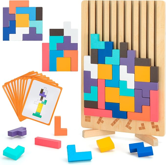 Wooden Stacking Puzzle Toy,3D Colored Wooden Puzzle,Russian Montessori Brain Blocks Puzzles Toys Gift for Boys and Girls,Board Jigsaw Game Toys for Brain Teasers for Toddlers 3-8Years